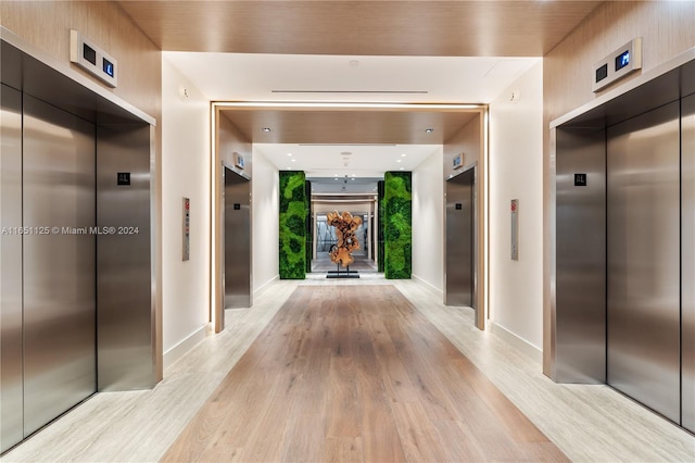 hallway featuring light hardwood / wood-style flooring and elevator