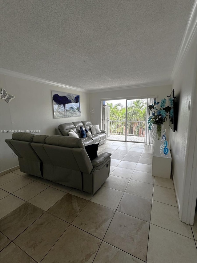 living room featuring a textured ceiling, ornamental molding, and light tile patterned floors