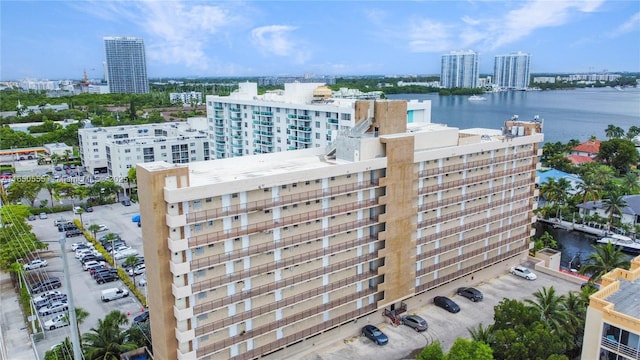 drone / aerial view with a water view