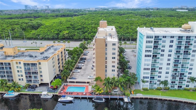 bird's eye view with a water view