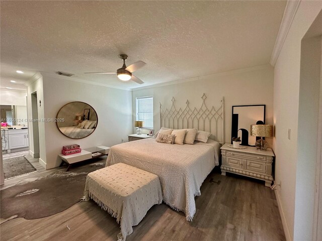 23304 SW 58th Ave Unit B, Boca Raton, FL 33428 - bedroom featuring ornamental molding, wood finished floors, a ceiling fan, baseboards, and a textured ceiling