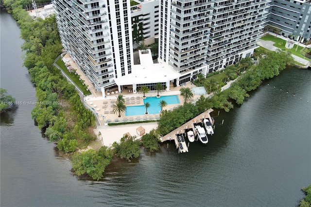 drone / aerial view featuring a water view