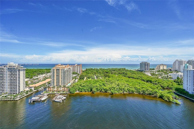 aerial view featuring a water view