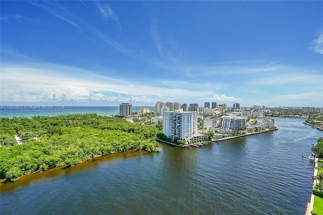 aerial view featuring a water view