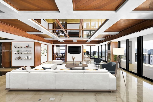 living room featuring beamed ceiling, wood walls, ornamental molding, wooden ceiling, and coffered ceiling