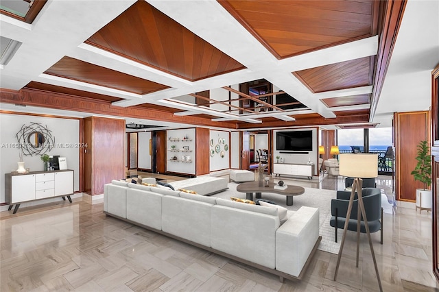 living room with a wall of windows, beam ceiling, wood ceiling, and coffered ceiling