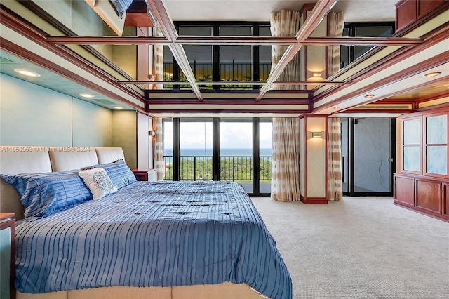 carpeted bedroom with ornamental molding, coffered ceiling, access to outside, and beamed ceiling