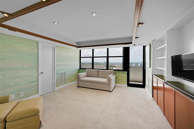 living room with light carpet and crown molding