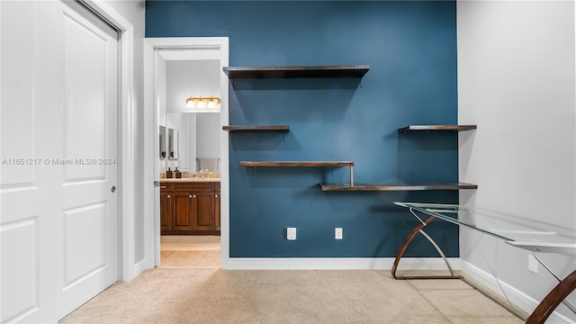 walk in closet featuring light carpet