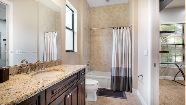 full bathroom featuring vanity, toilet, a wealth of natural light, and shower / bath combo with shower curtain