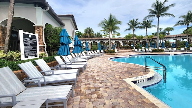 view of swimming pool with a patio