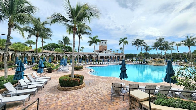 view of swimming pool with a patio area