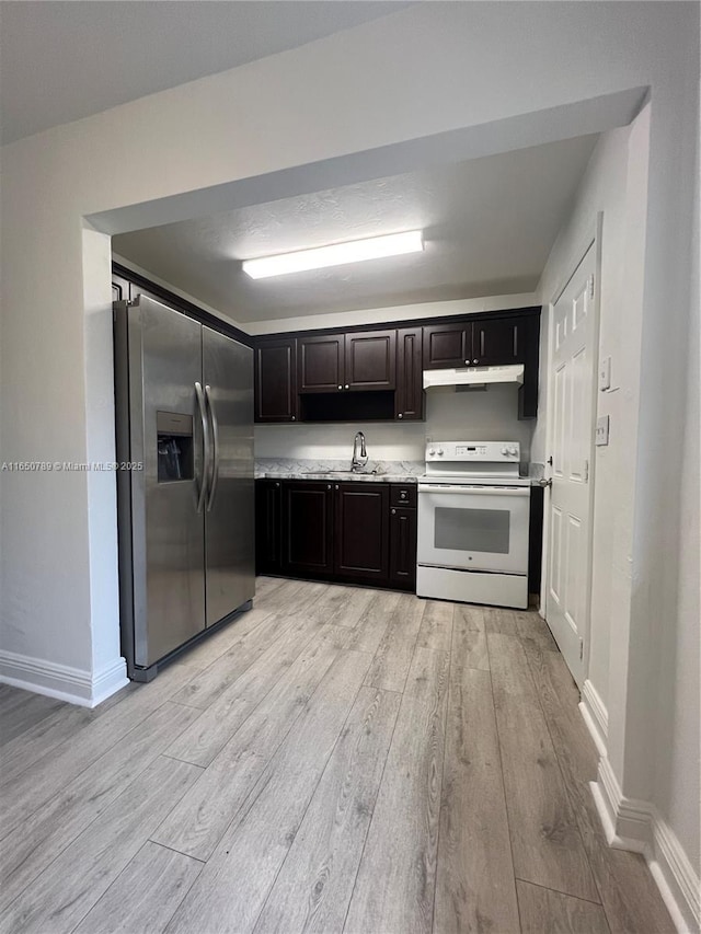 kitchen with light hardwood / wood-style flooring, sink, stainless steel fridge with ice dispenser, white range with electric stovetop, and dark brown cabinetry