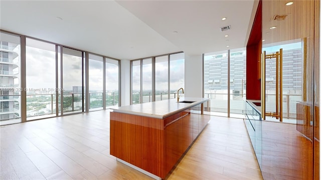 kitchen with floor to ceiling windows, light hardwood / wood-style floors, a kitchen island with sink, and sink