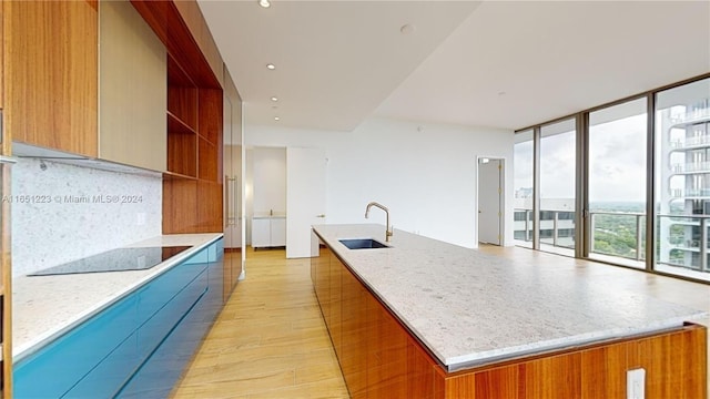 kitchen featuring light wood-type flooring, sink, light stone countertops, and a wall of windows