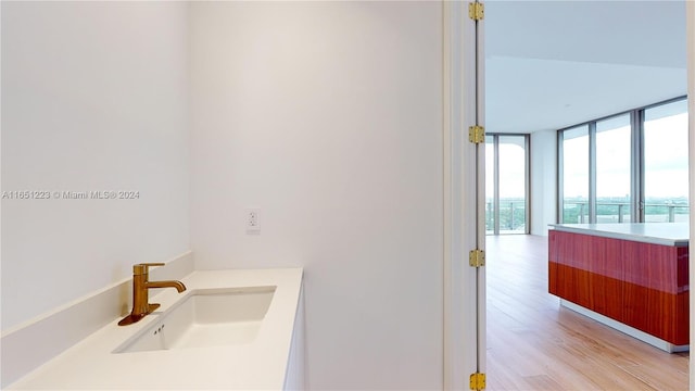 bathroom featuring vanity, a wall of windows, and hardwood / wood-style flooring