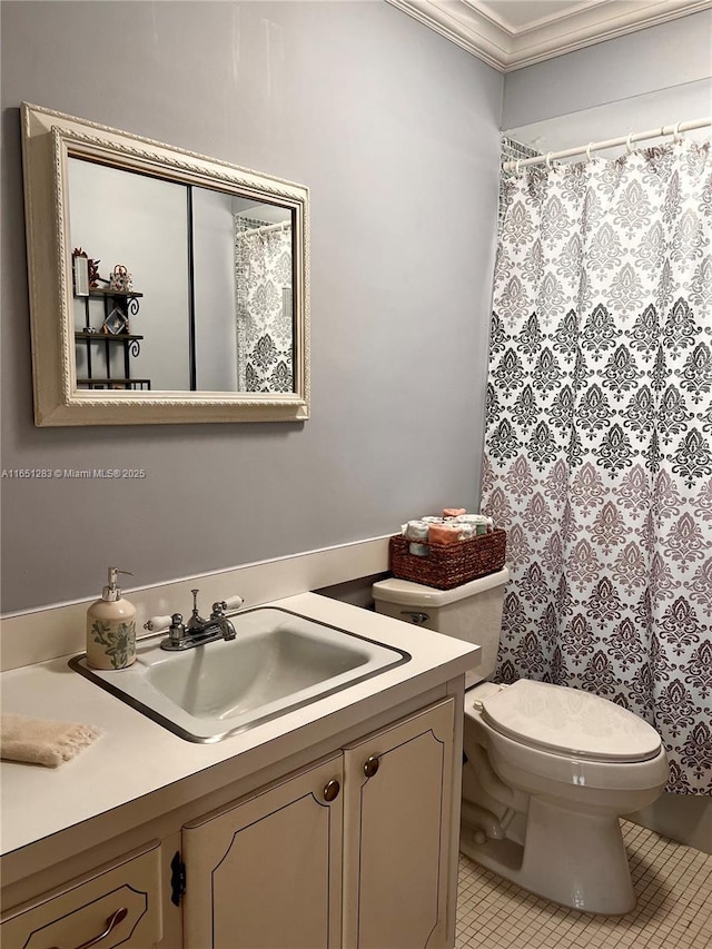 full bathroom with vanity, tile patterned floors, crown molding, toilet, and a shower with shower curtain
