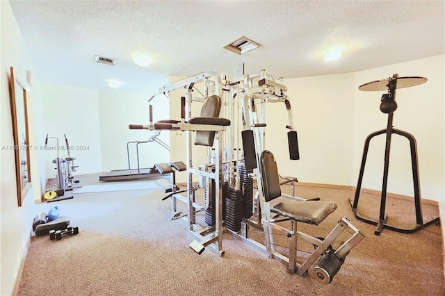 exercise area featuring a textured ceiling and carpet floors