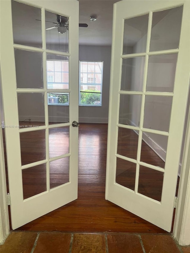 details featuring french doors, hardwood / wood-style flooring, and ceiling fan