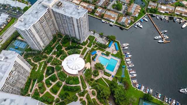 aerial view featuring a water view