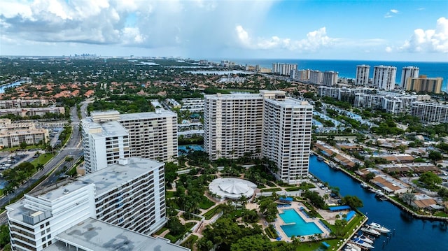 aerial view with a water view and a view of city