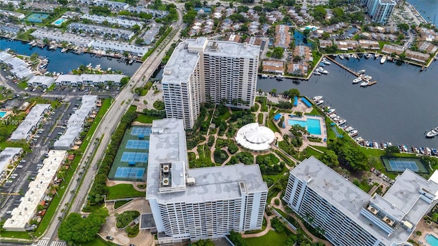 aerial view with a water view and a city view