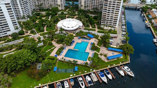 drone / aerial view with a water view