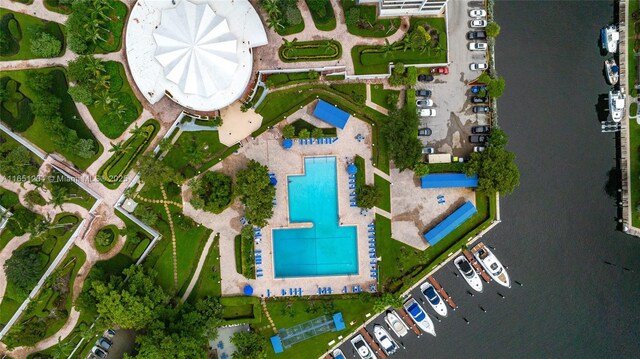 drone / aerial view with a water view