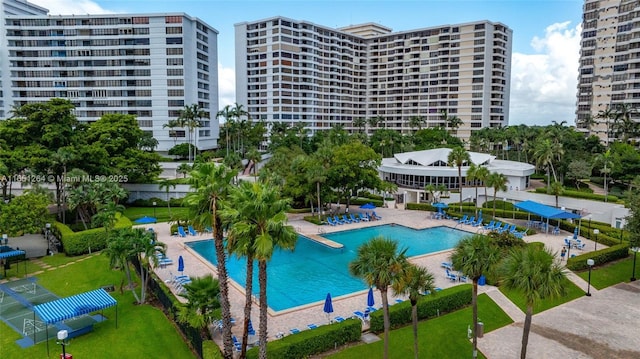 view of swimming pool featuring a patio area