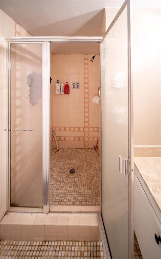 bathroom with a stall shower and vanity