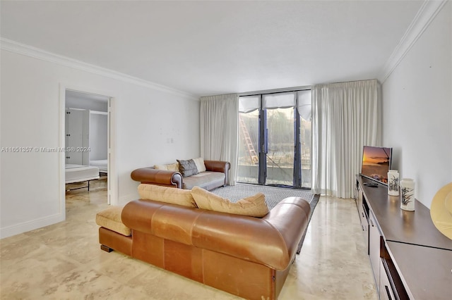 living room featuring crown molding