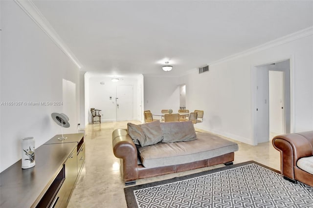 9801 Collins Ave Unit 3T, Bal Harbour, FL 33154 - living room featuring visible vents, ornamental molding, baseboards, and concrete flooring