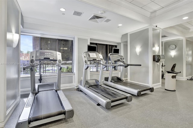 9801 Collins Ave Unit 3T, Bal Harbour, FL 33154 - exercise room featuring crown molding, recessed lighting, baseboards, and visible vents