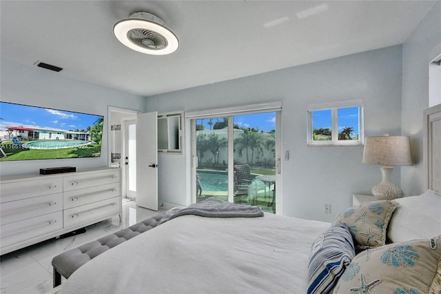 bedroom with access to exterior and ceiling fan