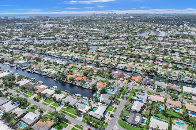 bird's eye view with a water view