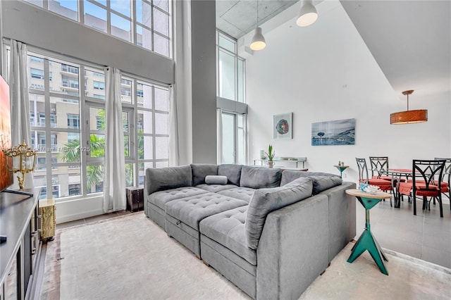 living room with a towering ceiling