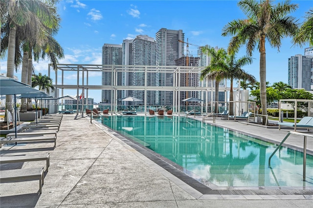 view of swimming pool featuring a patio area