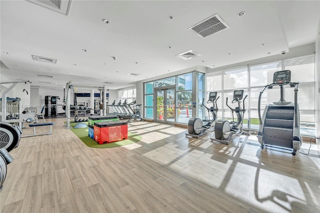 exercise room with french doors, expansive windows, and light hardwood / wood-style flooring