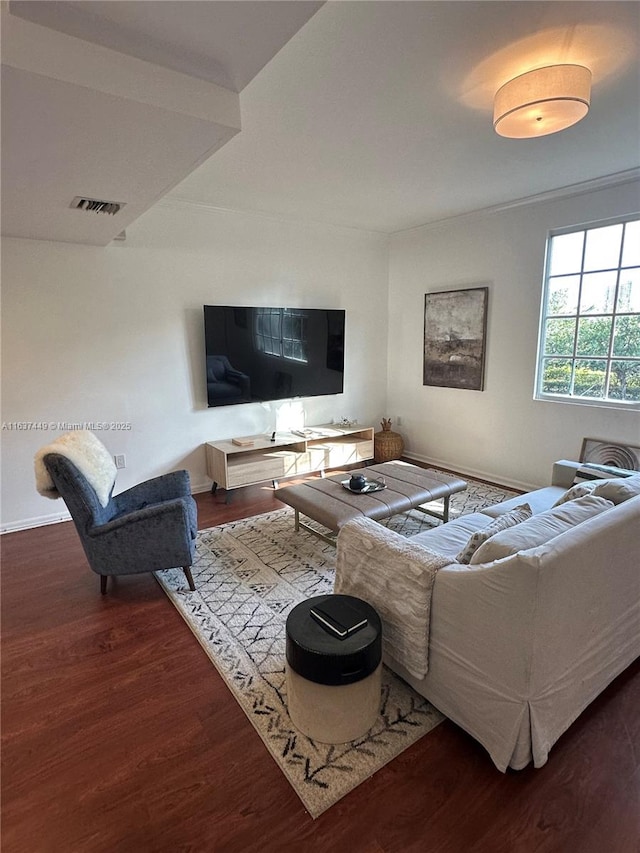 living room with dark wood-type flooring