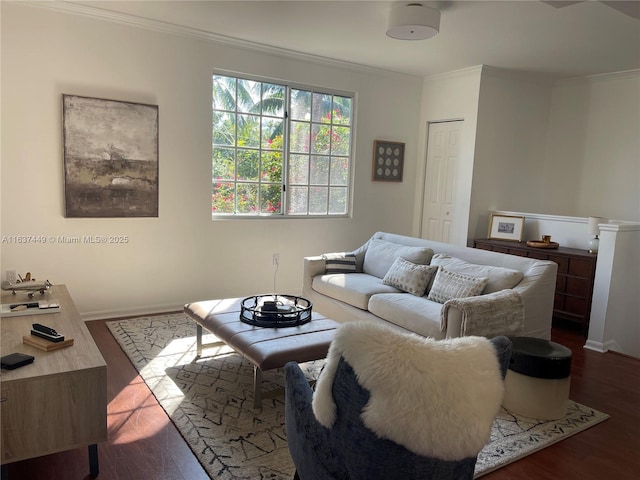 living room featuring dark hardwood / wood-style flooring and ornamental molding