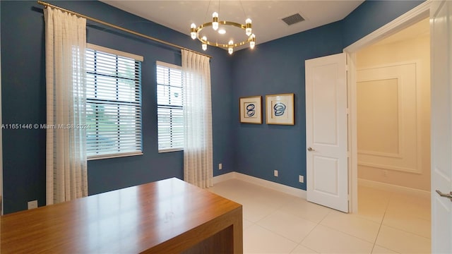 office area featuring light tile patterned floors and a notable chandelier