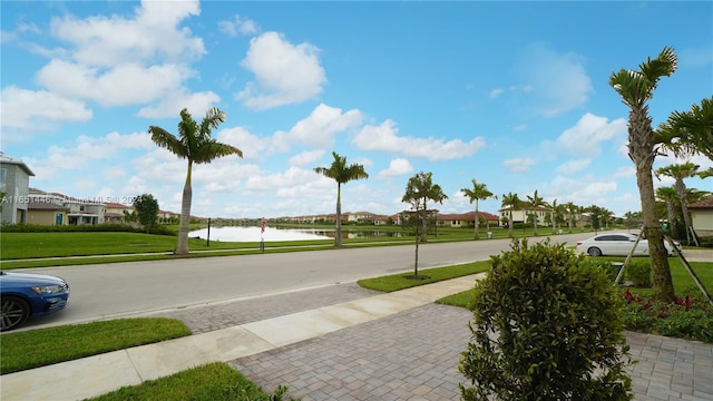 view of road with a water view