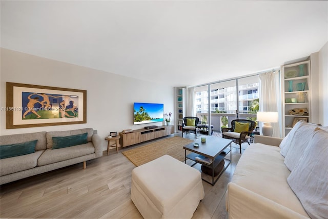 living room with light hardwood / wood-style flooring and expansive windows