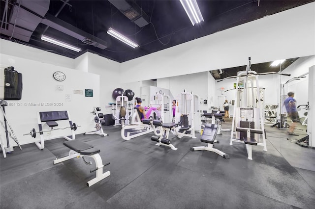 exercise room featuring a high ceiling