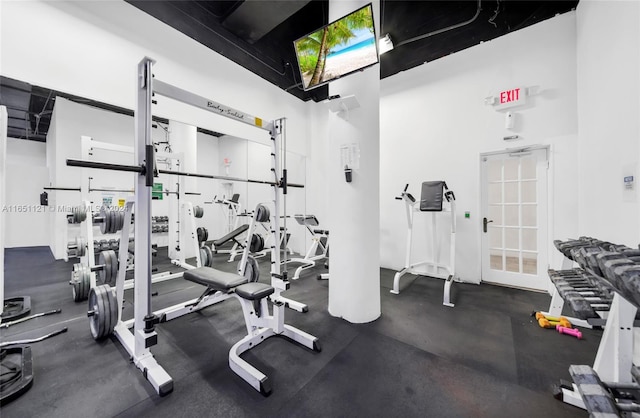 exercise room featuring a towering ceiling