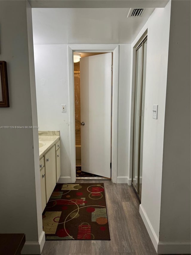 bathroom featuring wood-type flooring and vanity