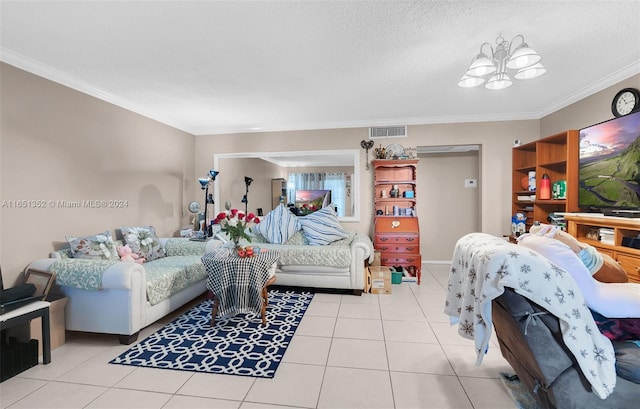 tiled living room featuring a chandelier, a textured ceiling, and crown molding