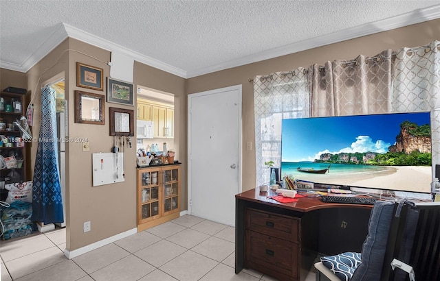 office area featuring light tile patterned floors, a textured ceiling, and ornamental molding