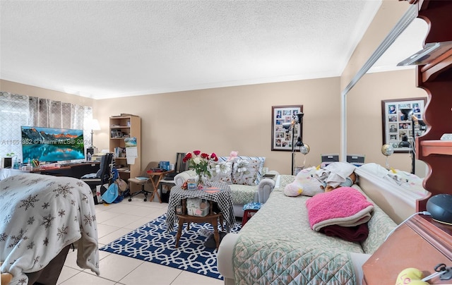 bedroom with a textured ceiling, crown molding, and light tile patterned flooring