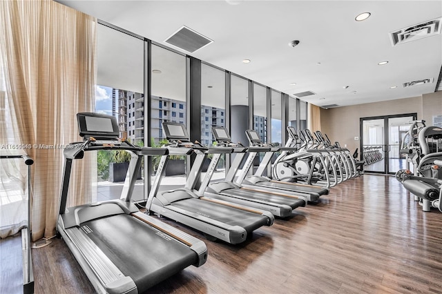 workout area with hardwood / wood-style floors and expansive windows